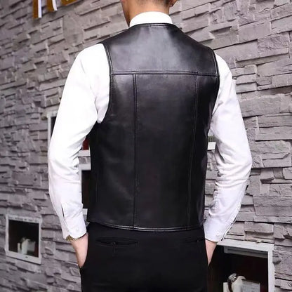 Men's Real Sheepskin Motorcycle Jacket, Leather Waistcoats, Large Size, Soft Black Vest, High-end Brand, Free Shipping, 2024
