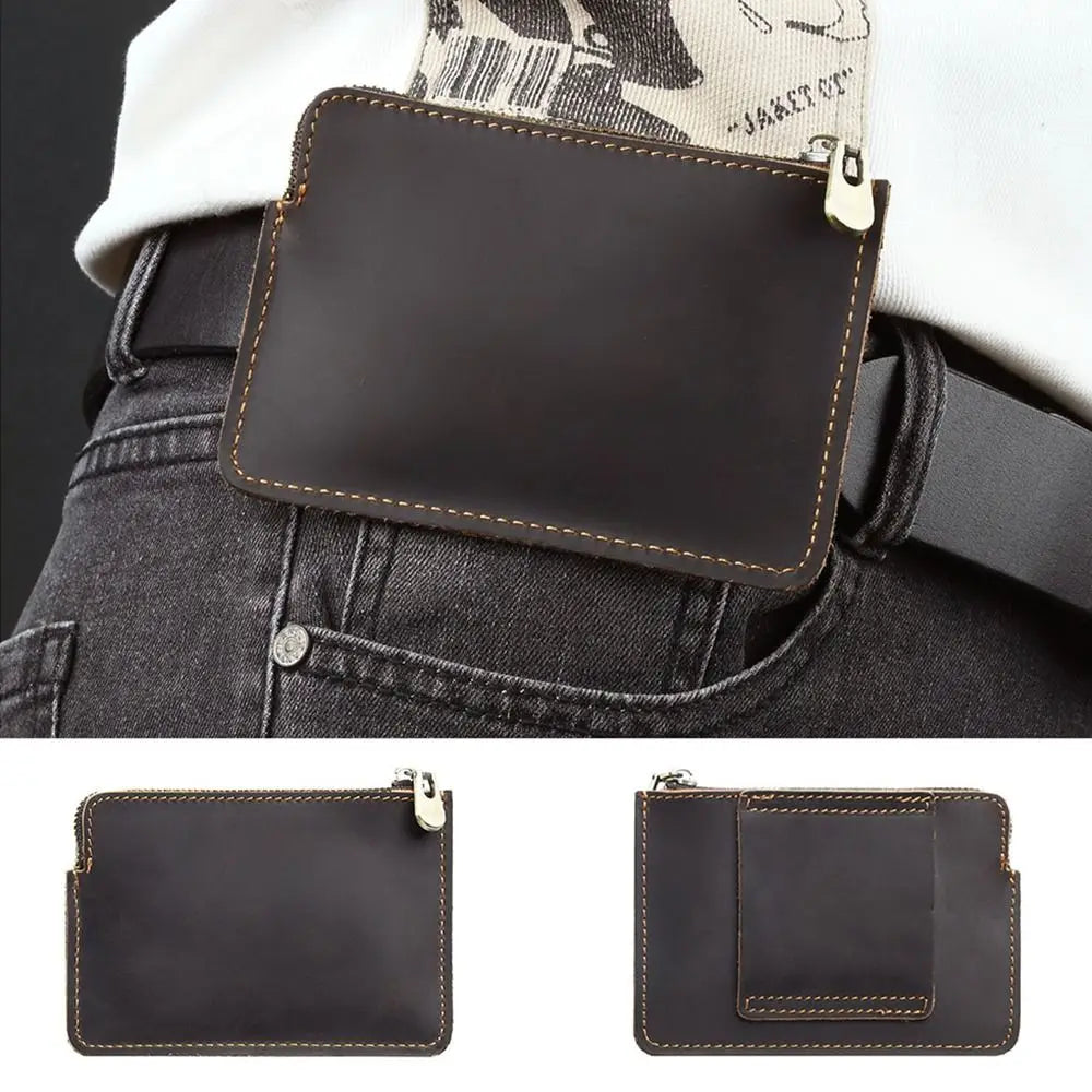 Genuine Leather Men's Short Wallet Ultrathin with Belt Loop Belt Hanging Money Pouch Portable Lightweight Zipper Coin Purse