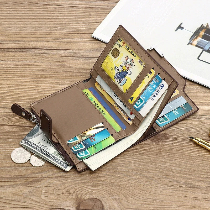 Men PU Leather Wallet Large Capacity Multi Card Slots Zipper Coin Pocket Bifold Short Purse Card Holder Perfect Gift