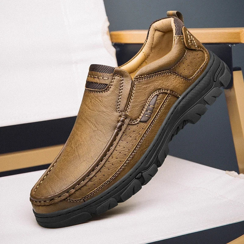 Men's Slip-On Casual Leather Shoes 2026 Wear-Resistant Anti-Skid Round Toe Loafers Thick Bottom Dress Footwear chaussure hommes