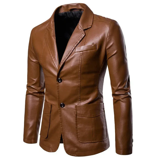 2026 Men's Leather Jackets Lapel Business Pu Blazers Men Solid Casual Slim Button-up Leather Coats Autumn Outwear Plus Size 6XL