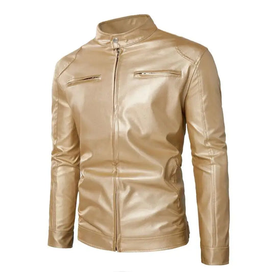 Men Shiny Metallic Pu Leather Jacket Stand Collar Slim Zipper Coat Gold Silver Color Stage Performance Party Outerwear S-5Xl