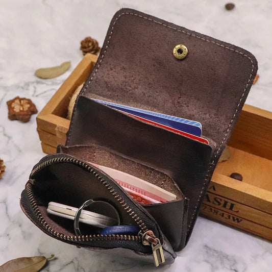 Genuine Leather Wallet For Men Women Vintage Handmade Short Small Men's Purse Card Holder With Zipper Coin Pocket Money Bag