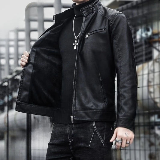 2026 New Leather Jacket Men's Spring and Autumn Thin Handsome Motorcycle Leather Jacket