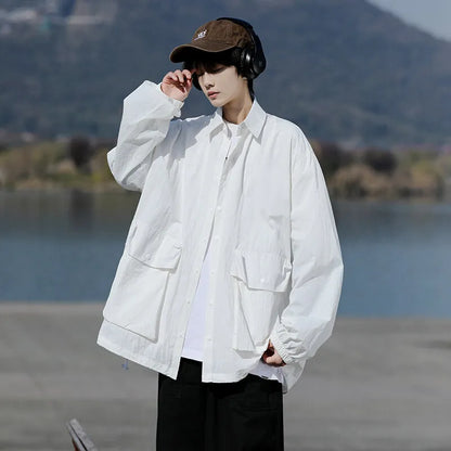Mens Lightweight Jacket Spring Summer Two Large Pockets Loose Fit Plus Size Casual Comfort Breathable Fabric Sun protection Coat