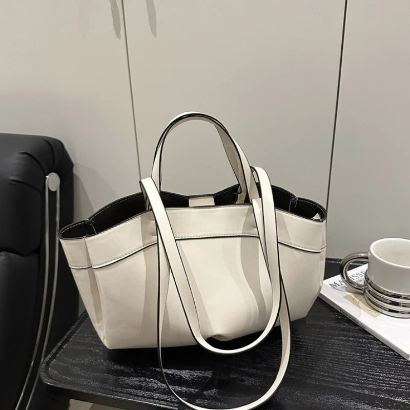Minimalist Sleek Leather 2-in-1 Tote BagS Large Capacity Shoulder Bag with Top Handle Spacious Purse for Work Commute Occasions