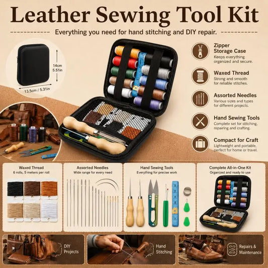 Leather Sewing Tools Kit With Waxed Thread And Needles Awl Professional DIY Leather Handmade Craft Accessories Tools
