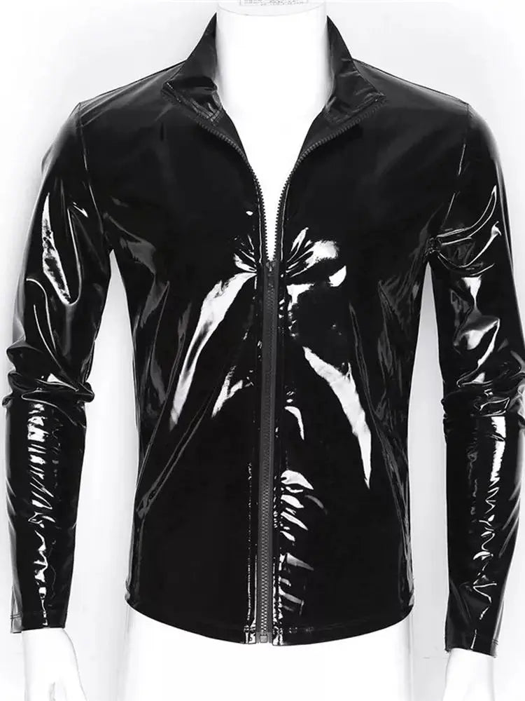 Long Sleeve Wet Look PVC Mens Jackets Coats Shiny PU Leather Tops Tights Sexy Clubwear Windbreaker Streetwear Motorcycle T Shirt