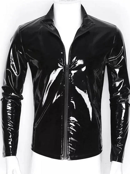Long Sleeve Wet Look PVC Mens Jackets Coats Shiny PU Leather Tops Tights Sexy Clubwear Windbreaker Streetwear Motorcycle T Shirt