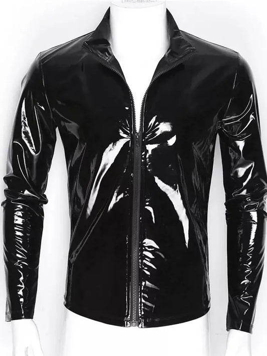 Long Sleeve Wet Look PVC Mens Jackets Coats Shiny PU Leather Tops Tights Sexy Clubwear Windbreaker Streetwear Motorcycle T Shirt