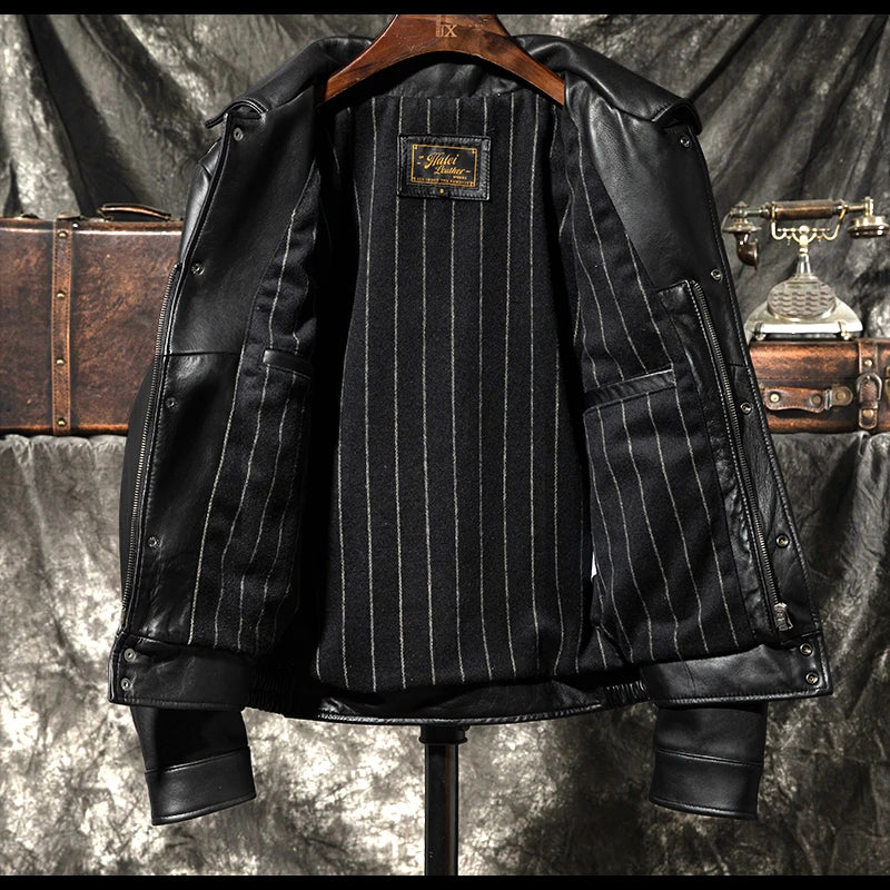 Black Winter Leather Jacket Men Sports Style Plus Size 5XL Genuine Natural Thick Sheepskin Turn-Down Collar Mounted Police Coat