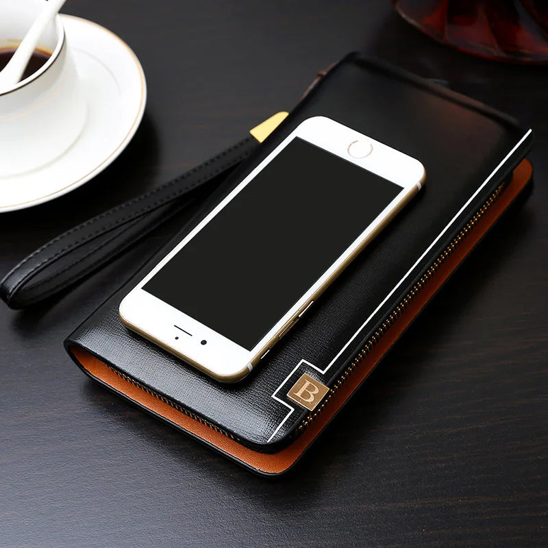 Vintage Men Clutch Bag Leather Long Purse Double Zipper Business Wallet For Husband Gift Black Brown Male Casual Handy Bags