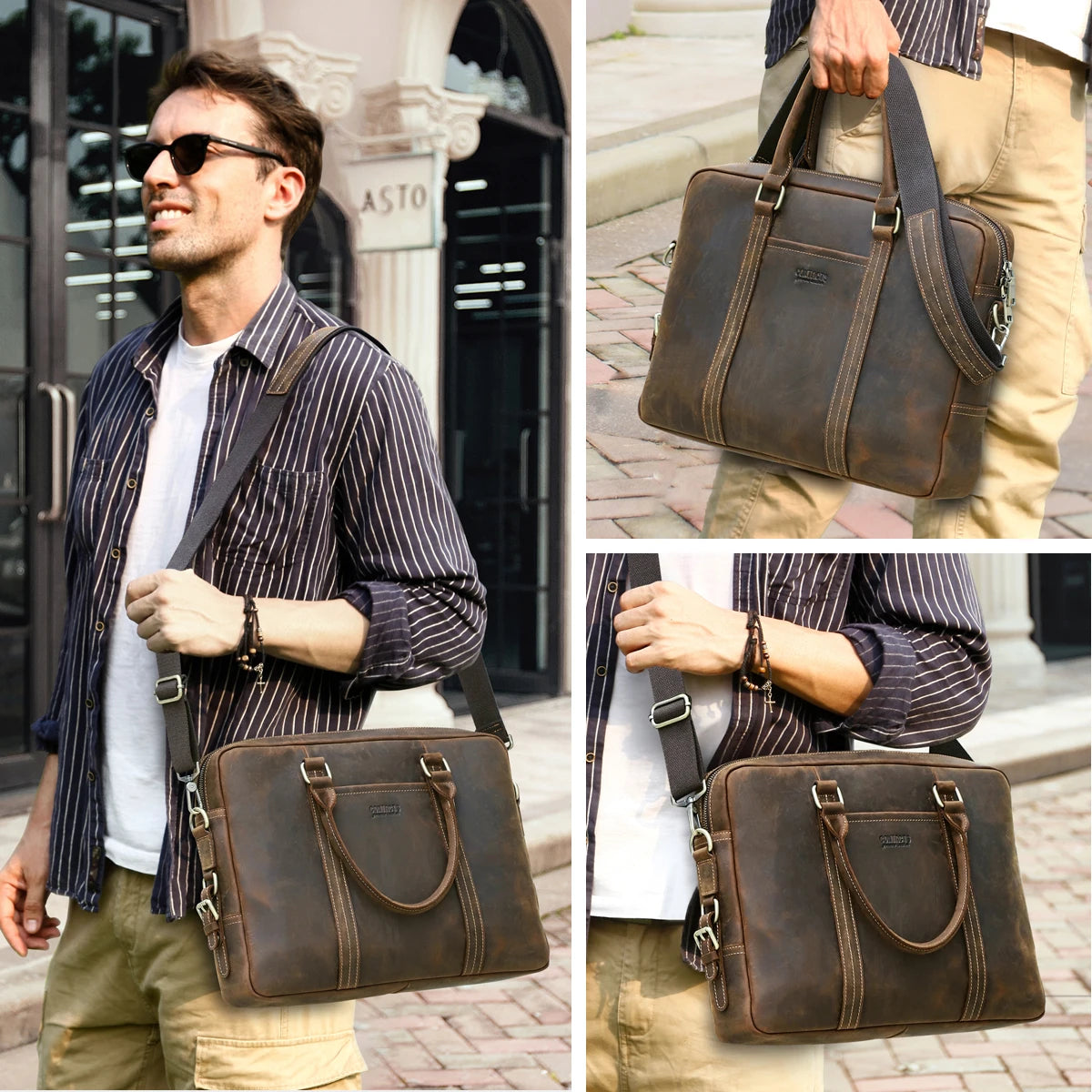 Genuine Crazy Horse  Leather Men Laptop Bags Business Men's Briefcase Male Shoulder Tote Handbag Casual Crossbody Bag