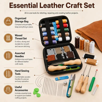 Leather sewing tool set, with waxed thread and needle threader, suitable for leather sewing DIY craft accessory set
